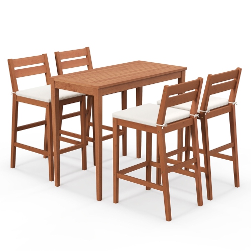 GYMAX  5 Piece Outdoor Bar Set Patio Eucalyptus Wood Bar Height Table & Barstools