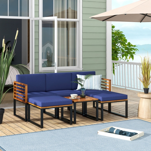 GYMAX  6PCs Patio Conversation Sofa Set Acacia Wood Outdoor Furniture Set W/ Cushions In Navy