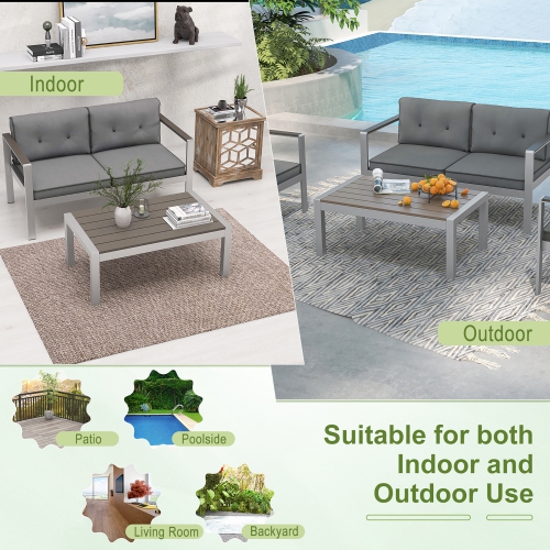 Gymax 2 Pieces Outdoor Aluminum Loveseat & Coffee Table Set w/ Cushions Patio Furniture Set