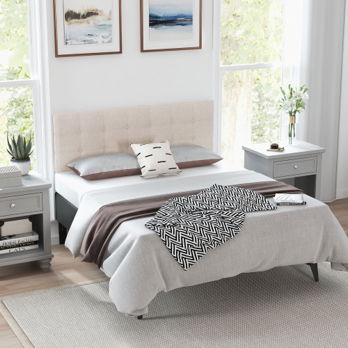 Gymax Full/Queen Size Headboard Linen Fabric Upholstered Button Tufted Solid Wood Leg