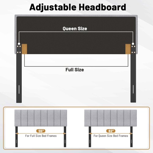 Gymax Linen Upholstered Headboard Vertical Channel Tufted Wood Leg for Full/Queen Gray