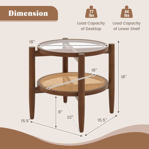Gymax 2 PCS 2-Tier Round Side End Table PE Rattan Nightstand Tempered Glass Tabletop