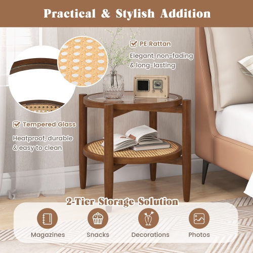 Gymax 2 PCS 2-Tier Round Side End Table PE Rattan Nightstand Tempered Glass Tabletop