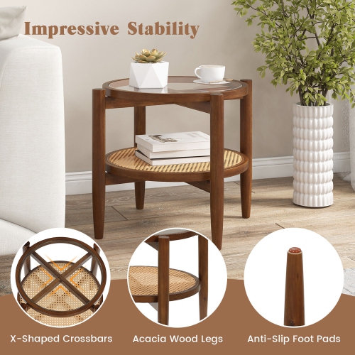Gymax 2 PCS 2-Tier Round Side End Table PE Rattan Nightstand Tempered Glass Tabletop