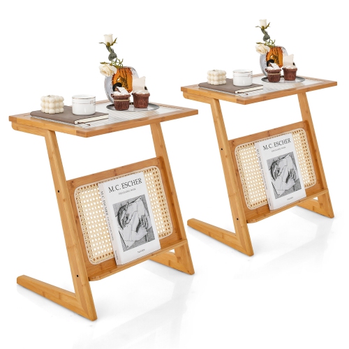 GYMAX  2 PCs Z-Shaped End Table Glass Top Bamboo Side Table W/ Magazine Rack