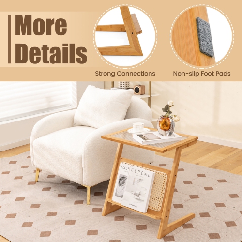 Gymax 2 PCS Z-shaped End Table Glass Top Bamboo Side Table w/ Magazine Rack