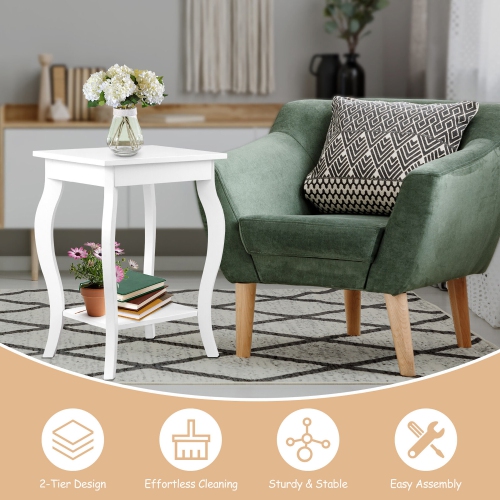 Gymax 2-Tier Accent Side Table Sofa End Table Nightstand Coffee Table w/ Shelf White