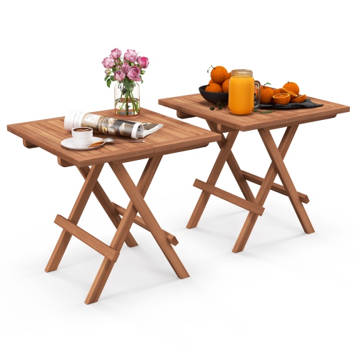 Gymax 2 Pieces Indonesia Teak Wood Folding End Table Square Side Table w/ Slatted Tabletop Yard Natural