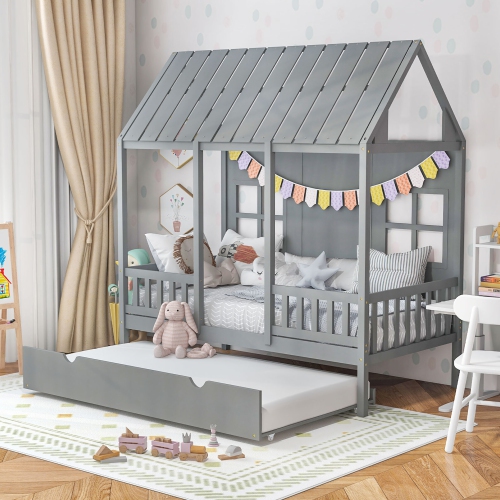 GYMAX  Twin Size House Bed With Trundle Fence Decor Wooden Windows Tall Roof In Gray