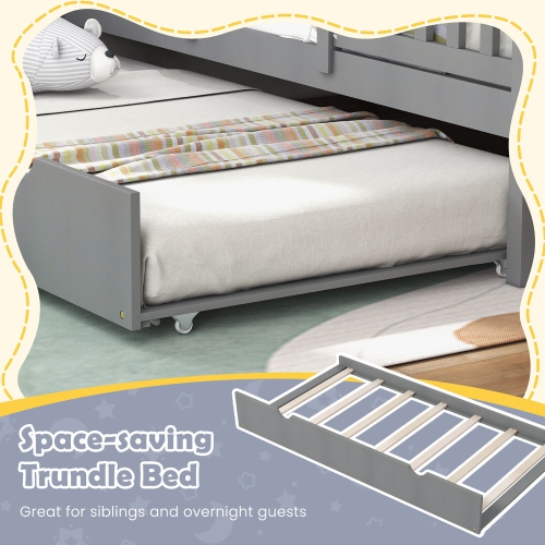 Gymax Twin Size House Bed with Trundle Fence Decor Wooden Windows Tall Roof Gray