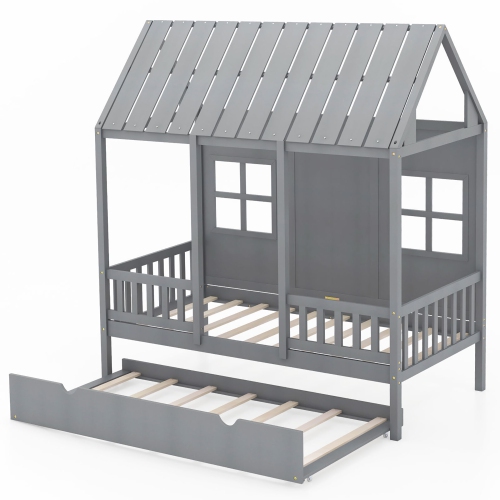 Gymax Twin Size House Bed with Trundle Fence Decor Wooden Windows Tall Roof Gray