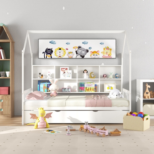 Gymax Twin House Daybed with Trundle Wooden Bed 8 Storage Shelf Compartments White