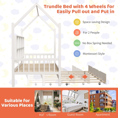 Gymax Twin House Daybed with Trundle Wooden Bed 8 Storage Shelf Compartments White