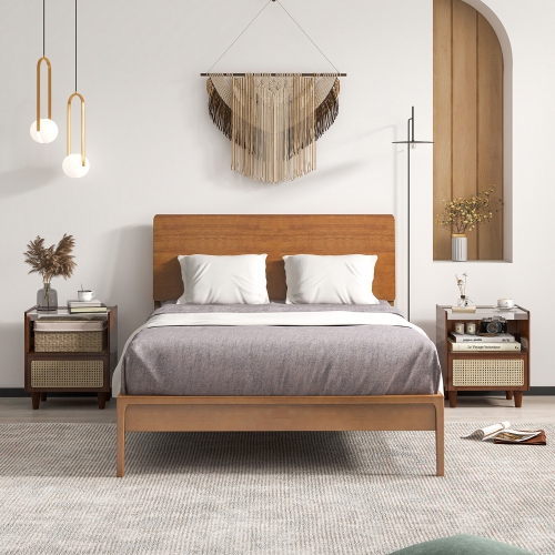 Gymax 2PCS Bamboo Rattan Nightstand Boho Bedside End Table w/ Drawer Wood Legs