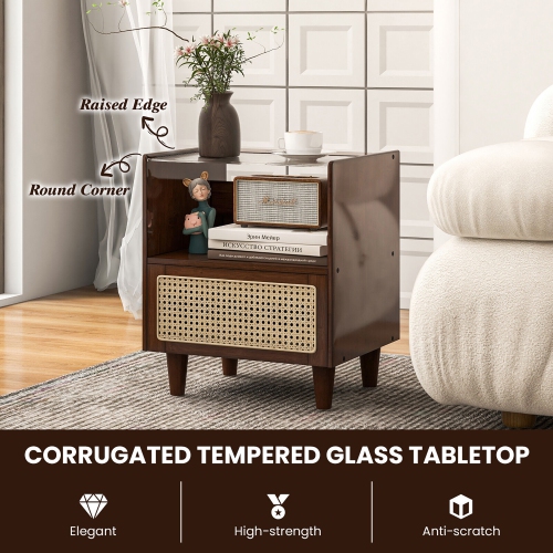 Gymax 2PCS Bamboo Rattan Nightstand Boho Bedside End Table w/ Drawer Wood Legs