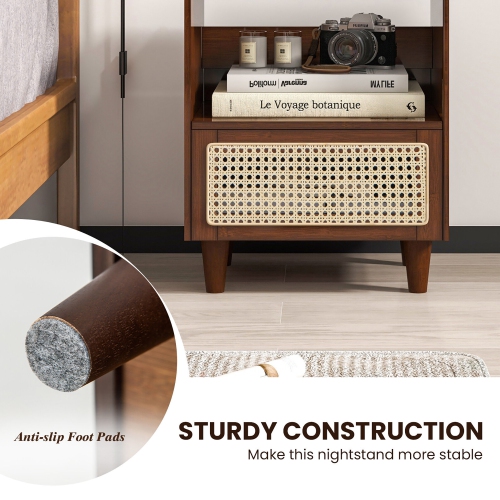 Gymax 2PCS Bamboo Rattan Nightstand Boho Bedside End Table w/ Drawer Wood Legs