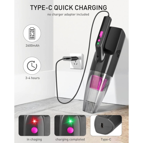Car Cleaner Cordless High Suction Rechargeable Mini Hand Held Vaccine with LED Light, 9000PA, 25min Runtime, 3H Quick Charge, Small Vac for Home Pet