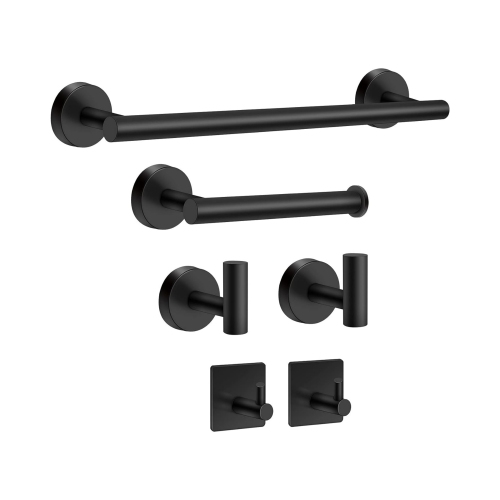 NIERBO  6-Pieces Matte Bathroom Hardware Set, Includes 16-Inch Towel Bar, Toilet Paper Holder, 4 Pieces Robe Hooks, Wall Mounted In Black