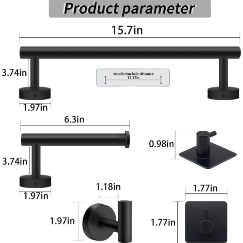 6-Pieces Matte Black Bathroom Hardware Set, Includes 16-Inch Towel Bar, Toilet Paper Holder, 4 Pieces Robe Hooks, Wall Mounted