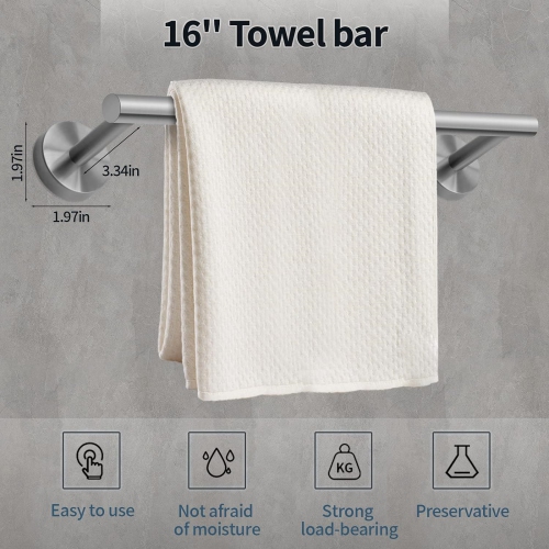 6-Pieces Brushed Nickel Bathroom Hardware Set, Includes 16-Inch Towel Bar, Toilet Paper Holder, 4 Pieces Robe Hooks, Wall Mounted