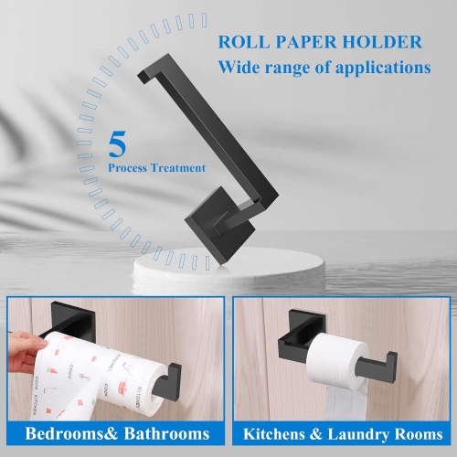 5-Pieces Matte Black Bathroom Hardware Set, Includes 23.6-Inch Towel Bar, Towel Ring, Toilet Paper Holder, 2 Pieces Robe Hooks, Wall Mounted