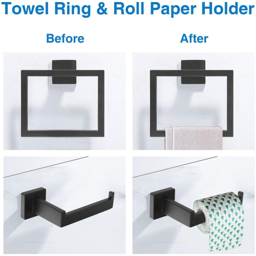 5-Pieces Matte Black Bathroom Hardware Set, Includes 23.6-Inch Towel Bar, Towel Ring, Toilet Paper Holder, 2 Pieces Robe Hooks, Wall Mounted