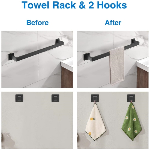 5-Pieces Matte Black Bathroom Hardware Set, Includes 23.6-Inch Towel Bar, Towel Ring, Toilet Paper Holder, 2 Pieces Robe Hooks, Wall Mounted