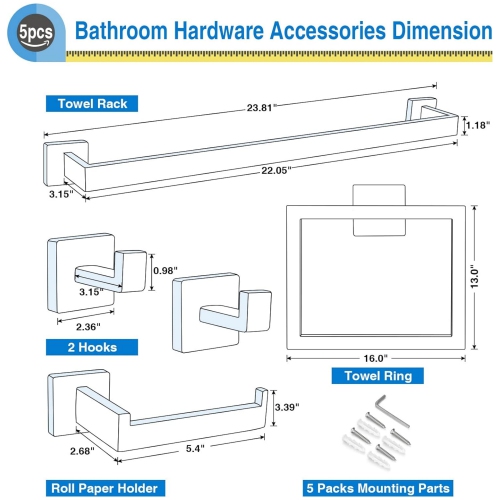 5-Pieces Matte Black Bathroom Hardware Set, Includes 23.6-Inch Towel Bar, Towel Ring, Toilet Paper Holder, 2 Pieces Robe Hooks, Wall Mounted