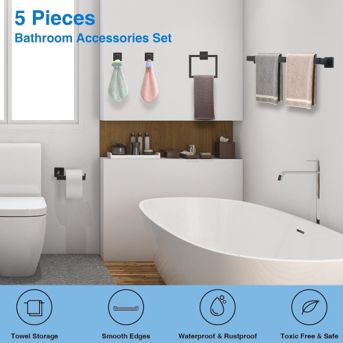 5-Pieces Matte Black Bathroom Hardware Set, Includes 23.6-Inch Towel Bar, Towel Ring, Toilet Paper Holder, 2 Pieces Robe Hooks, Wall Mounted