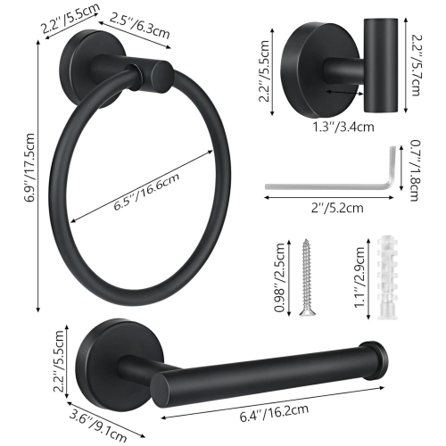 4-Pieces Matte Black Bathroom Hardware Set, Includes Towel Ring, Toilet Paper Holder, 2 Pieces Robe Hooks, Wall Mounted