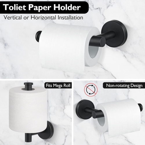 4-Pieces Matte Black Bathroom Hardware Set, Includes Towel Ring, Toilet Paper Holder, 2 Pieces Robe Hooks, Wall Mounted