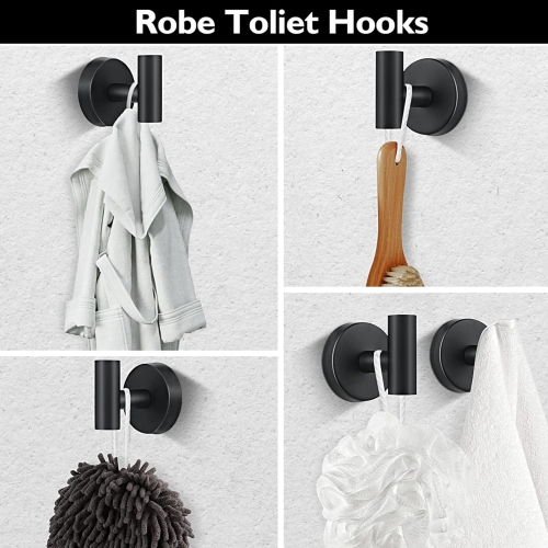 4-Pieces Matte Black Bathroom Hardware Set, Includes Towel Ring, Toilet Paper Holder, 2 Pieces Robe Hooks, Wall Mounted