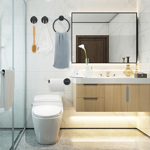 4-Pieces Matte Black Bathroom Hardware Set, Includes Towel Ring, Toilet Paper Holder, 2 Pieces Robe Hooks, Wall Mounted