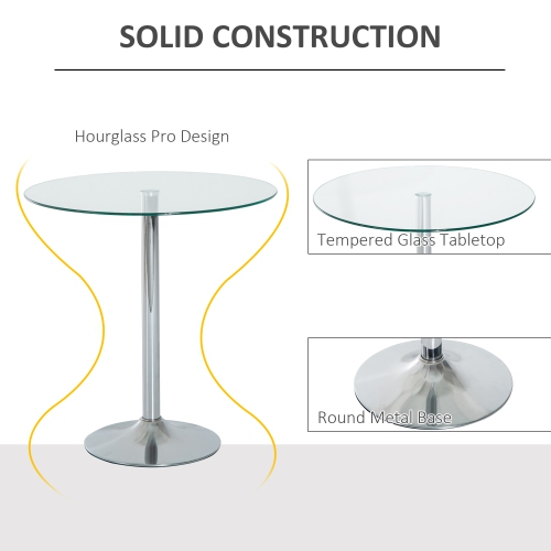 HOMCOM Round Dining Table for 2, Modern Kitchen Table with Tempered Glass Top and Steel Base for Living Room, Dining Room, Silver