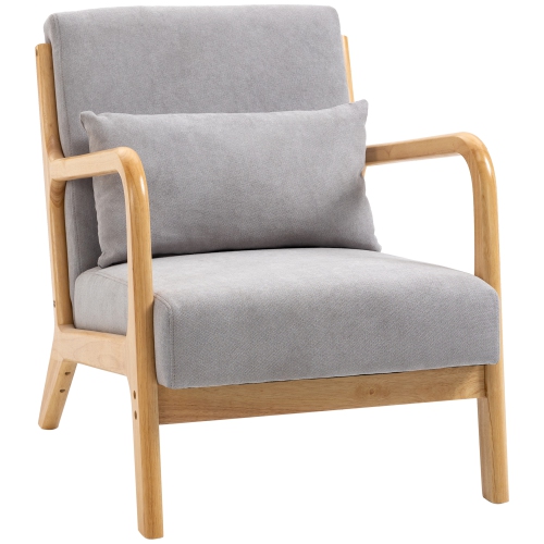 HOMCOM Fabric Accent Chair, Velvet Armchair, Retro Living Room Chair with Wood Legs and Thick Padding for Bedroom, Grey