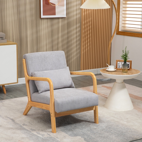 HOMCOM Fabric Accent Chair, Velvet Armchair, Retro Living Room Chair with Wood Legs and Thick Padding for Bedroom, Grey