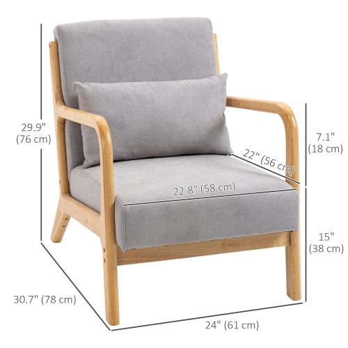 HOMCOM Fabric Accent Chair, Velvet Armchair, Retro Living Room Chair with Wood Legs and Thick Padding for Bedroom, Grey