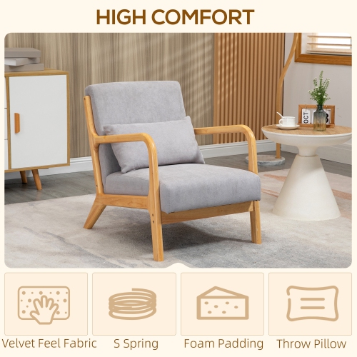 HOMCOM Fabric Accent Chair, Velvet Armchair, Retro Living Room Chair with Wood Legs and Thick Padding for Bedroom, Grey