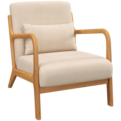 HOMCOM Fabric Accent Chair, Velvet Armchair, Retro Living Room Chair with Wood Legs and Thick Padding for Bedroom, Beige