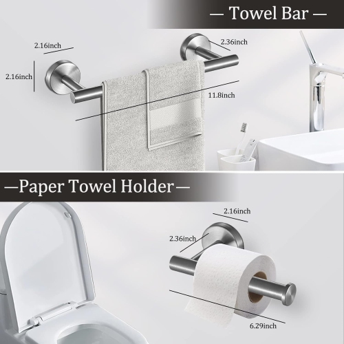 6 Pieces Brushed Nickel Bathroom Hardware Set, Include 15.7 Inch Towel Bar, Towel Rings, Toilet Paper Holder, Towel Hooks, 2 Adhesive Hooks, for