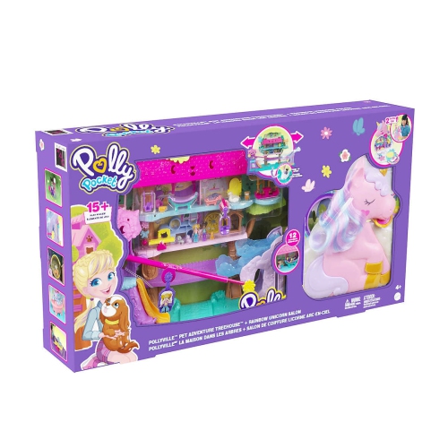 Polly Pocket jouet de voyage 2-en-1, tête de salon de licornes arc-en-ciel  avec 2 micropoupées et 25 accessoires et plus