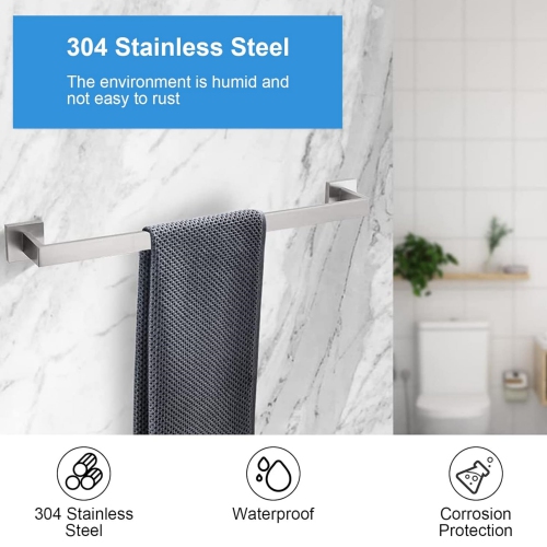 5-Pieces Brushed Nickel Square Bathroom Hardware Set, Includes 24 Inch Towel Bar, Hand Towel Holder, Toilet Paper Holder, 2 Towel Hooks, Wall Mounted