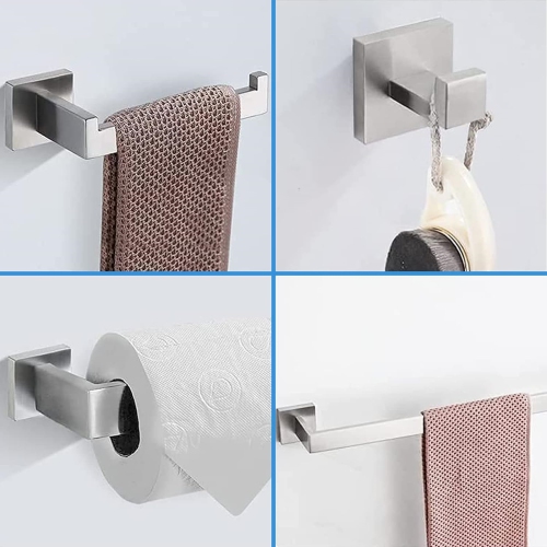 5-Pieces Brushed Nickel Square Bathroom Hardware Set, Includes 24 Inch Towel Bar, Hand Towel Holder, Toilet Paper Holder, 2 Towel Hooks, Wall Mounted