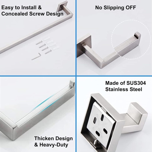 5-Pieces Brushed Nickel Square Bathroom Hardware Set, Includes 24 Inch Towel Bar, Hand Towel Holder, Toilet Paper Holder, 2 Towel Hooks, Wall Mounted