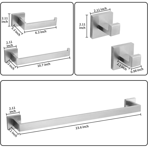5-Pieces Brushed Nickel Square Bathroom Hardware Set, Includes 24 Inch Towel Bar, Hand Towel Holder, Toilet Paper Holder, 2 Towel Hooks, Wall Mounted