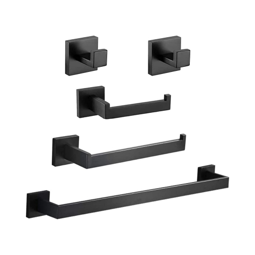 5-Pieces Matte Black Square Bathroom Hardware Set, Includes 24 Inch Towel Bar, Hand Towel Holder, Toilet Paper Holder, 2 Towel Hooks, Wall Mounted