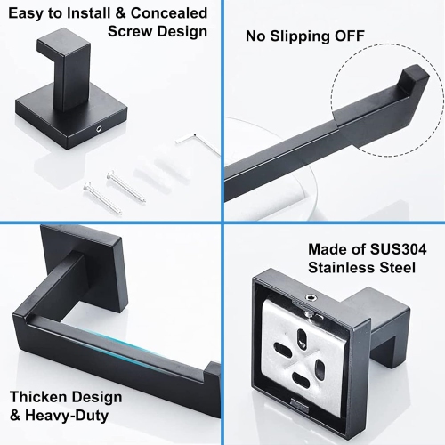 5-Pieces Matte Black Square Bathroom Hardware Set, Includes 24 Inch Towel Bar, Hand Towel Holder, Toilet Paper Holder, 2 Towel Hooks, Wall Mounted