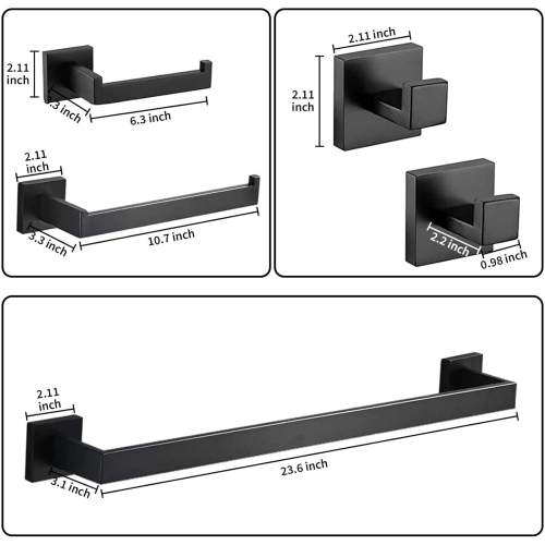 5-Pieces Matte Black Square Bathroom Hardware Set, Includes 24 Inch Towel Bar, Hand Towel Holder, Toilet Paper Holder, 2 Towel Hooks, Wall Mounted