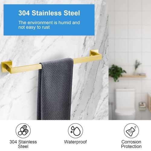 5-Pieces Brushed Gold Square Bathroom Hardware Set, Includes 24 Inch Towel Bar, Hand Towel Holder, Toilet Paper Holder, 2 Towel Hooks, Wall Mounted