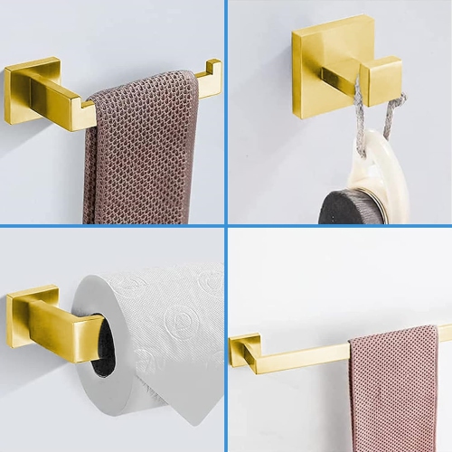 5-Pieces Brushed Gold Square Bathroom Hardware Set, Includes 24 Inch Towel Bar, Hand Towel Holder, Toilet Paper Holder, 2 Towel Hooks, Wall Mounted